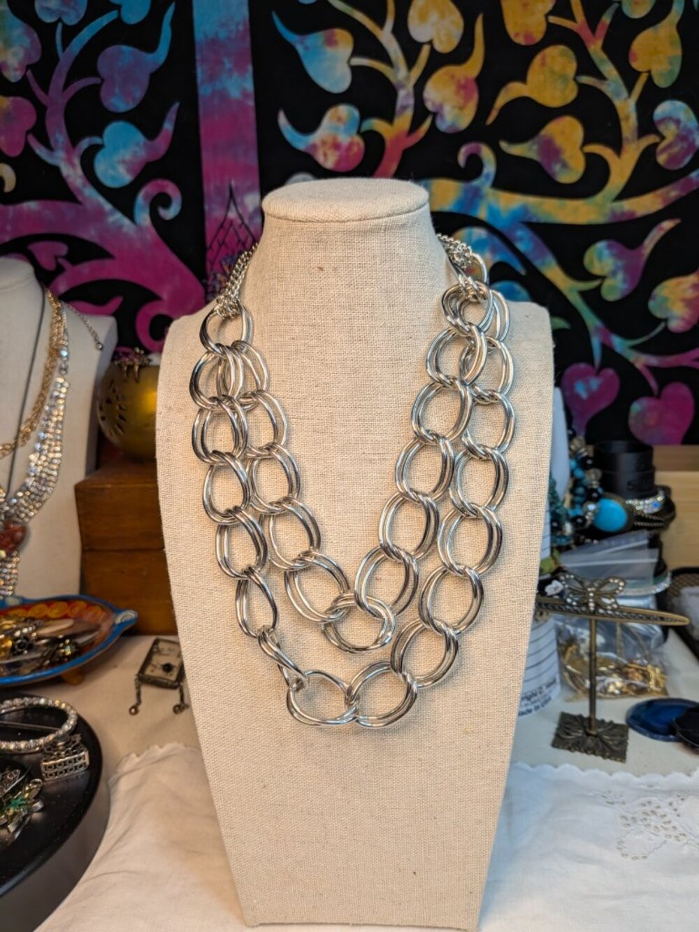 JLO Silver Tone Double Link Layered Statement Necklace 16" 17"